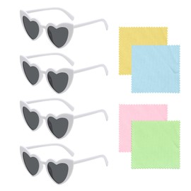 KRYMSON Pack of 4 Heart-Shaped Sunglasses, Comes with 4 Pieces Glasses Cloth, Resin Lenses, Fashionable Heart-Shaped Sunglasses, Heart Shaped Party Glasses, Anti-UV Sunglasses (White)