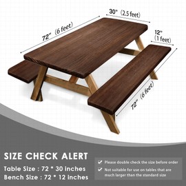 Nesphy Wood Wooden Brown Picnic Table Cover with Bench Covers, Rustic Board Vintage Outdoor Camping Essentials 6FT 3PCS Fitted Rectangle RV Must Haves Tablecloth with Drawstring Bag