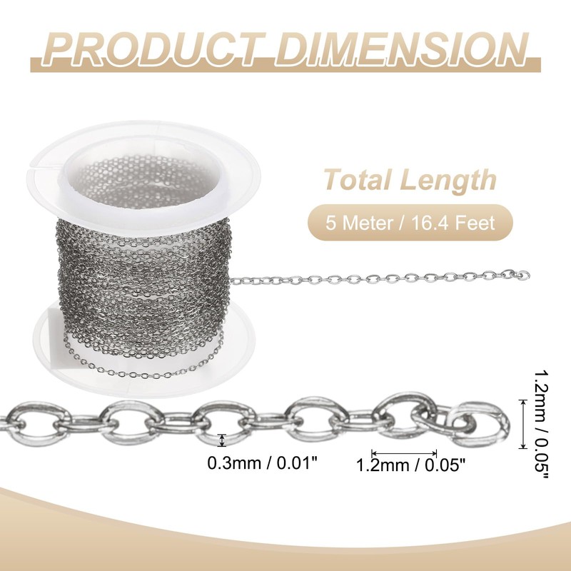 sourcing map 16.4 Feet/5 Meter Stainless Steel Curb Chain 1.2x0.3mm