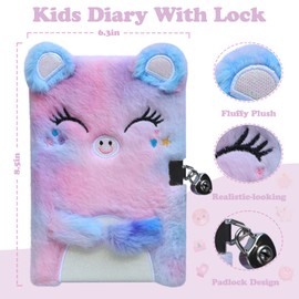 SJAWAYI Diary with Lock and Keys, Gift for 6 7 8 9 Year Old Girl, Kids Journal Notebook Set with Multicolored Pen, Coin Purse, Post-it Note, Stickers, Cute Plush Secret Diary for Kids (B Cute Pig)