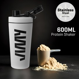 JIMY 600ml Metal Protein Shaker - Premium Insulated Stainless Steel Shaker – Leak-Proof Flip Lid, BPA-Free, Sweat-Proof, Durable Gym & Sports Supplement Bottle (White)