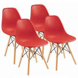 Furmax Pre Assembled Modern Style Dining Chair Mid Century Modern DSW Chair, Shell Lounge Plastic Chair for Kitchen, Dining, Bedroom, Living Room Side Chairs Set of 4，Red