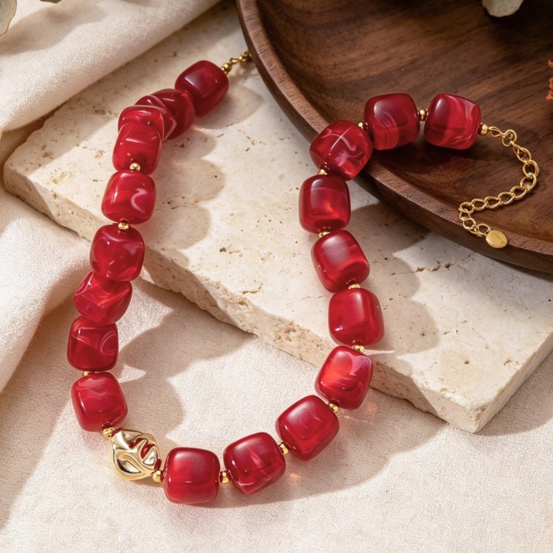Forgreafa Red Chunky Beaded Necklace for Women Vintage Ruby Burgundy