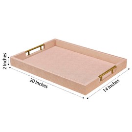 14x20 Inches Champagne Faux Leather Wrapped Wood Serving Tray with Metal Handles for Various Occasions, Ottoman, Home Decorative, Living Room, Coffee Table Organizer, Serving Breakfast On Bed