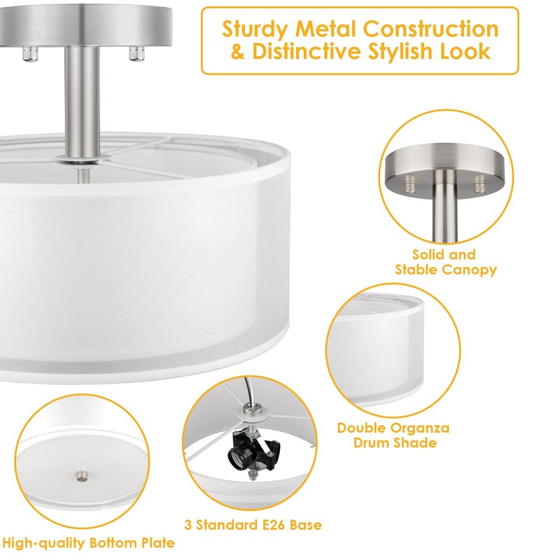 FOLKSMATE 3-Light Semi Flush Mount Ceiling Light Fixture, Drum Light