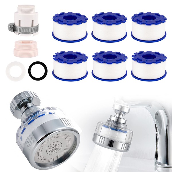 Bahan alamy Water Filter Tap Rotatable Tap Filter with 6 Pieces PP Cotton Filter Element and Universal Adapter for Sink, Kitchen, Bathroom