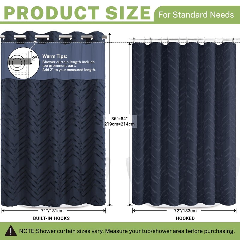 WONICY Extra Long No Hook Shower Curtain with Snap in
