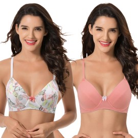 Curve Muse Ladies Plus Size Unlined Balconette Cotton Lace Bra 2 or 3 Pack, Cream/Coral/Yellow,Coral (2 Pack)