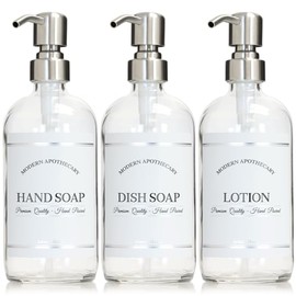 Artanis Home Clear Refillable Hand, Dish, Lotion Dispenser Set with Pumps for Kitchen Sink - Glass Boston Round Bottles - Waterproof Labels - 16 oz - 3 Pack