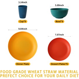 Lazycorner 32Pcs Kitchen Wheat Straw Dinnerware Set, Service for 8, Plastic Reuasble Dinner Dishes Serving Plate Set for Kitchen, Including Dinner Plate, Dessert Plate, Bowl, Cup(Multicolor)