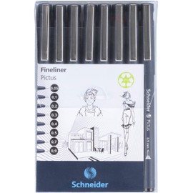 Schneider Pictus Fineliner Pens 8 Different Line Widths 0.05-0.9 mm Black Case of 8