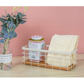 TIEYIPIN Small Metal Wire Storage Basket, Detachable Wood Base Storage Organizer Bin Basket for Kitchen Cabinets, Bathroom, Pantry, Garage, Laundry Room (Cream White, 4 Pack)