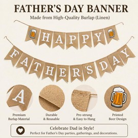 Happy Father's Day Banner Decorations, Rustic Burlap Fathers Day Banner with Beer Mug, Pre-Strung Fathers Day Decor Hanging Sign for Home, Party, Mantel, Fireplace, Farmhouse Party Supplies
