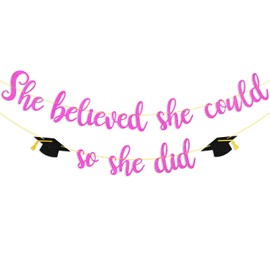 She Believed She Could So She Did Banner Decorations - Glitter She Did It 2024 Garland Graduation Bunting Banner, Congrats Grad Photo Backdrop for Girls College Graduation Party Favors (Magenta)