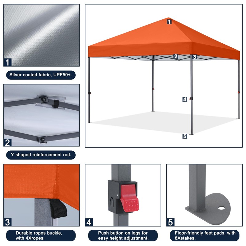 COOSHADE Durable Easy Pop Up Canopy Tent 10x10Ft, Orange