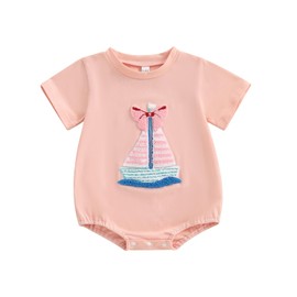 Gueuusu Newborn Summer Outfit Baby Girl Sailboat Embroidery Bubble Romper Short Sleeve One Piece Sweater Bodysuit (Pink, 0-3 Months)