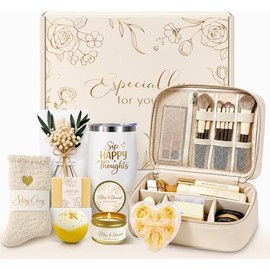 Regalos de cumpleaños para mujeres, cesta de regalo de spa para cuidado personal con bolsa de maquillaje vacía, caja de regalo de paquete de pensamien