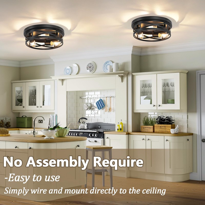 13-Inch Farmhouse Ceiling Light Fixtures 2-Pack, 3-Light Black Flush Mount