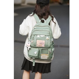 HORHEAR Kawaii School Backpack for Men and Women, Lightweight and with Accessories, for School and Leisure (Green), Green
