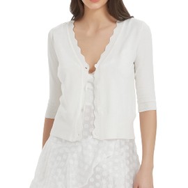 Women's Cropped V-Neck Knit Cardigan Half Sleeve Button Front Soft Solid Color Shrug for Spring Summer Autumn White