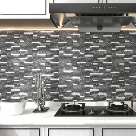 KASARO 20 Sheets Peel and Stick Backsplash Tile, Stick on Kitchen, Bathroom, Fireplace and RV, PVC Adhesive Mosaic Black Grey Wood with Vintage Silver Embellished Stripes Wall Tile