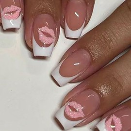 Valentines Press on Nails Short Coffin MABKJLF White French Tip Fake Nails False Nails with Designs Pink Glitter Lips Glossy Glue on Nails Acrylic Nails Stick on Nails for Women Girls 24 Pcs