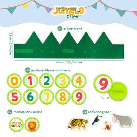 BONNYCO Birthday Crown Boy & Girl Jungle Interchangeable Numbers from 0 to 9 and Themed Figures 1st Birthday Boy, Crown Girl, Jungle Decoration Children Wild One Birthday Decoration
