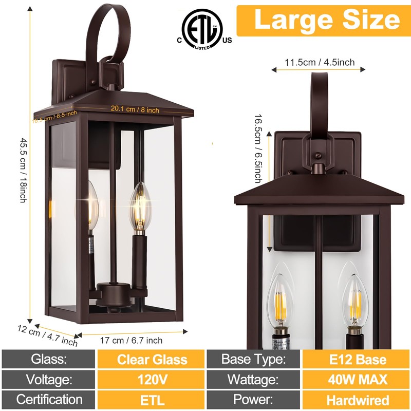 Bronze Large Porch Lights Outdoor, 18" Exterior Wall Fixture with