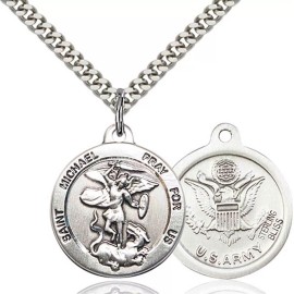 Bliss Sterling Silver Saint Michael Army Medal Pendant Necklace 24" Chain GiftBox