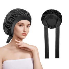 Mulberry Silk Bonnet for Sleeping, 19 Momme Silk Sleep Cap Natural Silks Hair Wrap for Sleeping, Silks Bonnet with Tie Band for Women Hair Care Black