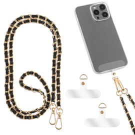 GEEHUA PU Leather Crossbody Phone Lanyard for Women, Metal Cell Phone Chain Strap Neck Phone Charm Hands Free Cellphone Neck Strap Grip Compatible With Most Smartphones(Black)