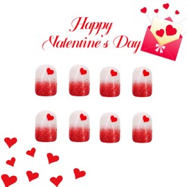 24Pcs Valentine's Day False Nails,Red Glitter Valentine's Day Fake Nails Short, Glossy Press on Nails with Glue, Acrylic Nails Full Cover Stick on Nails for Women and Girls