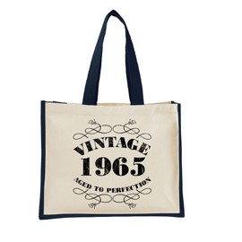60th Birthday Tote Bag Gifts for Women - Cotton Jute Shoulder Bag, Reusable Bags for Shopping, Gift bags, Book Bag, Travel Bag, Shopper Bags - Vintage 1965 - BLUE-L