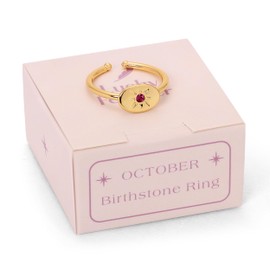 Lucky Feather October Birthstone Ring for Women - 14K Gold Plated Signet Ring with Unique Starburst Pattern - Fully Adjustable Tourmaline Birthstone Rings make adorable gifts for Women