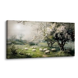 crmotu Cherry Blossom Landscape Wall Art, Animal Sheep Farm Large Artwork, Forest Meadow Scenery Canvas Painting, Rustic Nature Pictures Wall Decor Living Room Bedroom Farmhouse Cottage 24X48 In