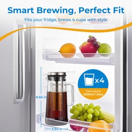 BrewMOO Sleek Cold Brew Coffee Pitcher & Iced Tea Maker - 1.0L/34oz Borosilicate Glass Carafe with Stainless Steel Filter, Sealed Lid & Integrated Handle, Dishwasher Safe (Black)