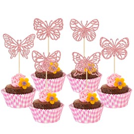 Gyufise 36Pcs Glitter Rose Gold Butterfly Cupcake Toppers Hollow Art 3D Butterfly Cupcake Pick Decorations for Butterfly Theme Baby Shower Wedding Anniversary Kids Birthday Party Supplies