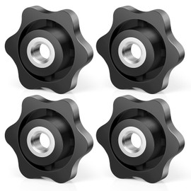 1/4-20 Knob 6 Star Knobs, Plastic Hand-Tighten Thumb Nuts, Hex Head Knurled Grip Female Thread Through Hole Clamping Screw-On Thru Knobs, Zinc Plated Carbon Steel, Black, 4 PCS