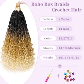 Goddess Box Braids Crochet Hair, 14 Inch Boho Crochet Hair Pre Looped Bohemian Box Crochet Braids for Black Women(1B/27/613)