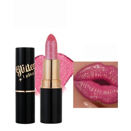 Rose Pink Metallic Glitter Lipstick Long Lasting,Diamond Nude Shimmer Lip Gloss High Pigment Lip Red Color Matte Lip Stick for Women,Sparkling Shiny Transfer Proof Non Stick Tinted Lip Balm Makeup-03