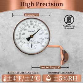 Dunuo 4" Brass Outdoor Thermometer, Indoor Thermometer for Room – Analog Wall-Mount Temperature Gauge with Humidity – Decorative for Patio, Garage, House, Greenhouse, Window, Antique Bronze