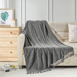 BOURINA Chenille Fluffy Throw Blanket with Decorative Fringe for Couch Cover Sofa Chair Blanket（50×60 Inches） Dark Grey