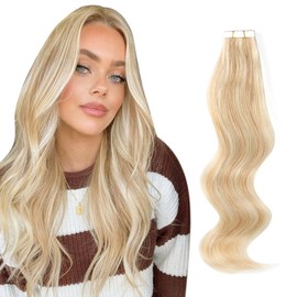 ABH AMAZINGBEAUTY HAIR Tape Extensions Echthaar Vorgeklebte 50g 20 Stück Highlight Tape Haarverlängerungen Remy Menschenhaar Schmutzigblond mit Platin Strand-Bleach Blond Tape Hair P18-613# 50 cm