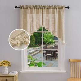 Beda Home Tassel Linen Textured Swag Curtain Valance for Farmhouses’ Kitchen; Light Filtering Rustic Short Swag Topper for Small Windows Bedroom Privacy Added Rod Pocket Design (Taupe 36x36-2PCs)