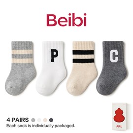 Beibi 4 PCS Baby Socks, Baby Mid-Crew Socks, Fashion Newborn Socks, Infant Essentials for Little Girls & Boys, Toddlers Kids, Four Seasons 100% Cotton, 1T