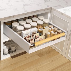 Pull Out Cabinet Organizer, 15.3'' Deep Expandable Slide Out Cabinet Organizer with Fixed with Adhesive Nano Film, Slide Out Drawers, Pull Out Drawers for Cabinet in Kitchen, Pantry, Bathroom, White