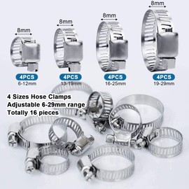 16 PCS Hose Clamps, 304 Stainless Steel Hose Clips Handle Adjustable 6-29mm Range 4 Sizes Pipe Clips Hose Screws Clamps Assorted for Water Pipe, Automobile Pipe, Gas Pipe