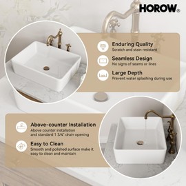 HOROW Bathroom Vessel Sink, Rectangular 19'' X 15'' White Above Counter Vessel Sinks, Modern Sink Bowls for Bathroom Countertop, Rectangle Porcelain Ceramic Vessel Vanity Sink Art Basin