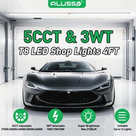 ALUSSO 5CCT LED Shop Lights for Workshop 4FT, 2700K/3000K/4000K/5000K/6500K Selectable, 10W/15W/20W Adjustable T8 Shop Lights for Garage Warehouse Basement, 10 Pack