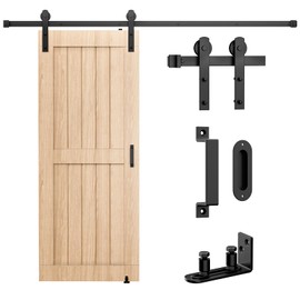 Signstek 6.6FT Sliding Barn Door Hardware Kit, Heavy Duty Whole Set (Includes Adjustable Floor Guide, 2 Handles and Dook Hook) -Smoothly and Quietly, Fit 36"-40" Wide Door Panel -Black, I Shape Hanger